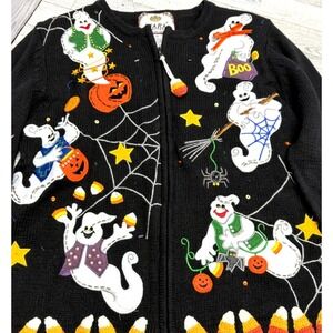 Vintage Tiara Halloween Sweater Womens Petite PP 0-2 Black Ghost Pumpkin Zipper